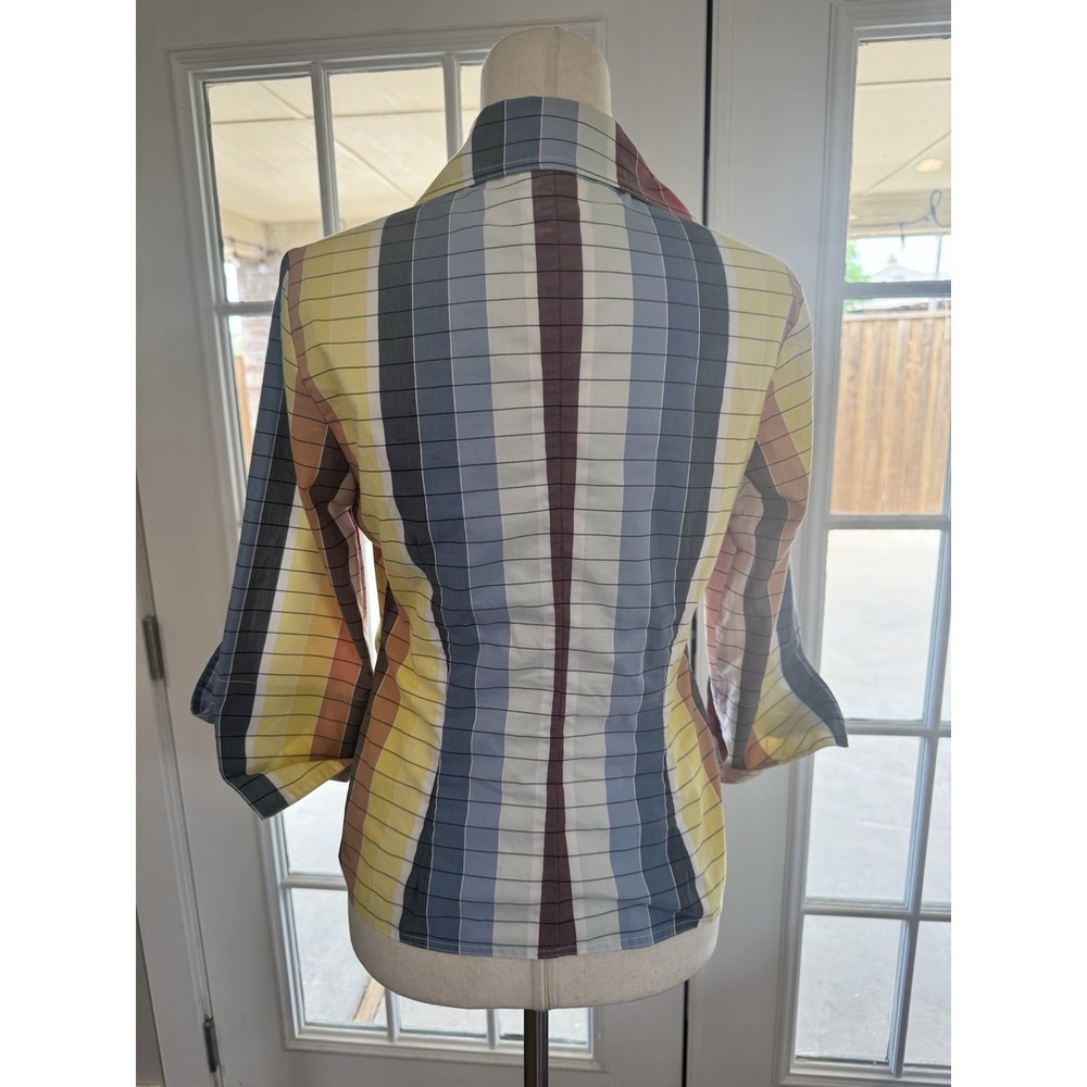 Finley Rainbow Top Plaid Ruched Button Down Multicolor Retro 70s Stretch Small - Picture 2 of 9
